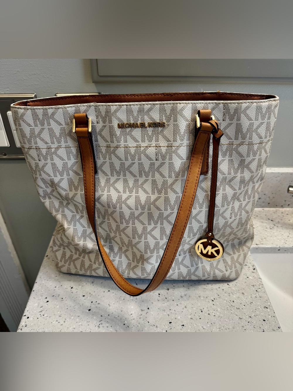 Michael Kors Vanilla Signature MK Tote with Tan Trim and Gold Hardware